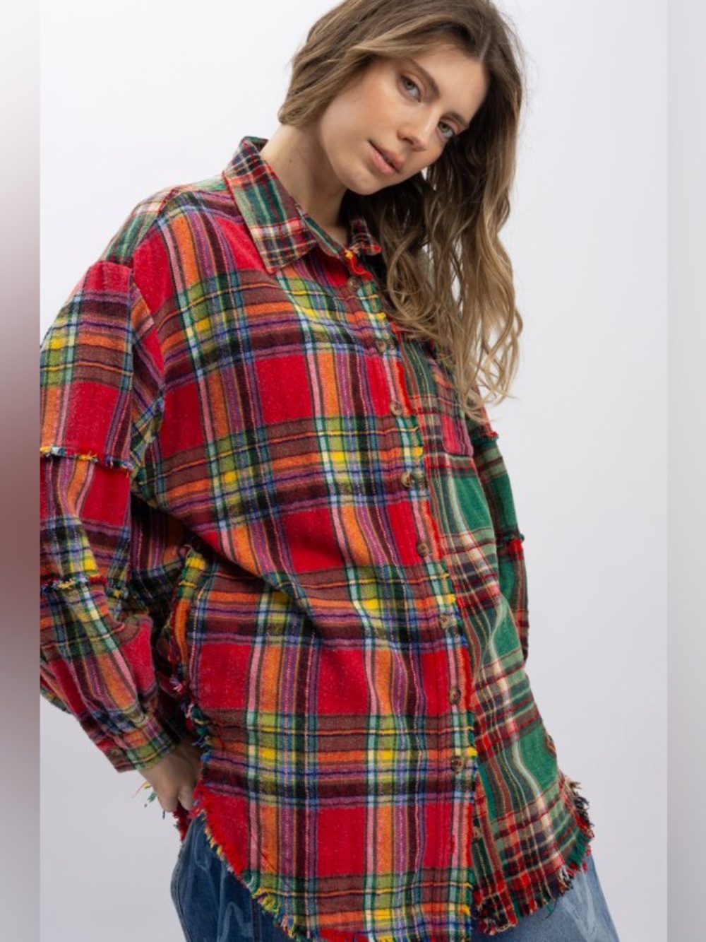Red Multicolor Plaid Button-Up Shirt